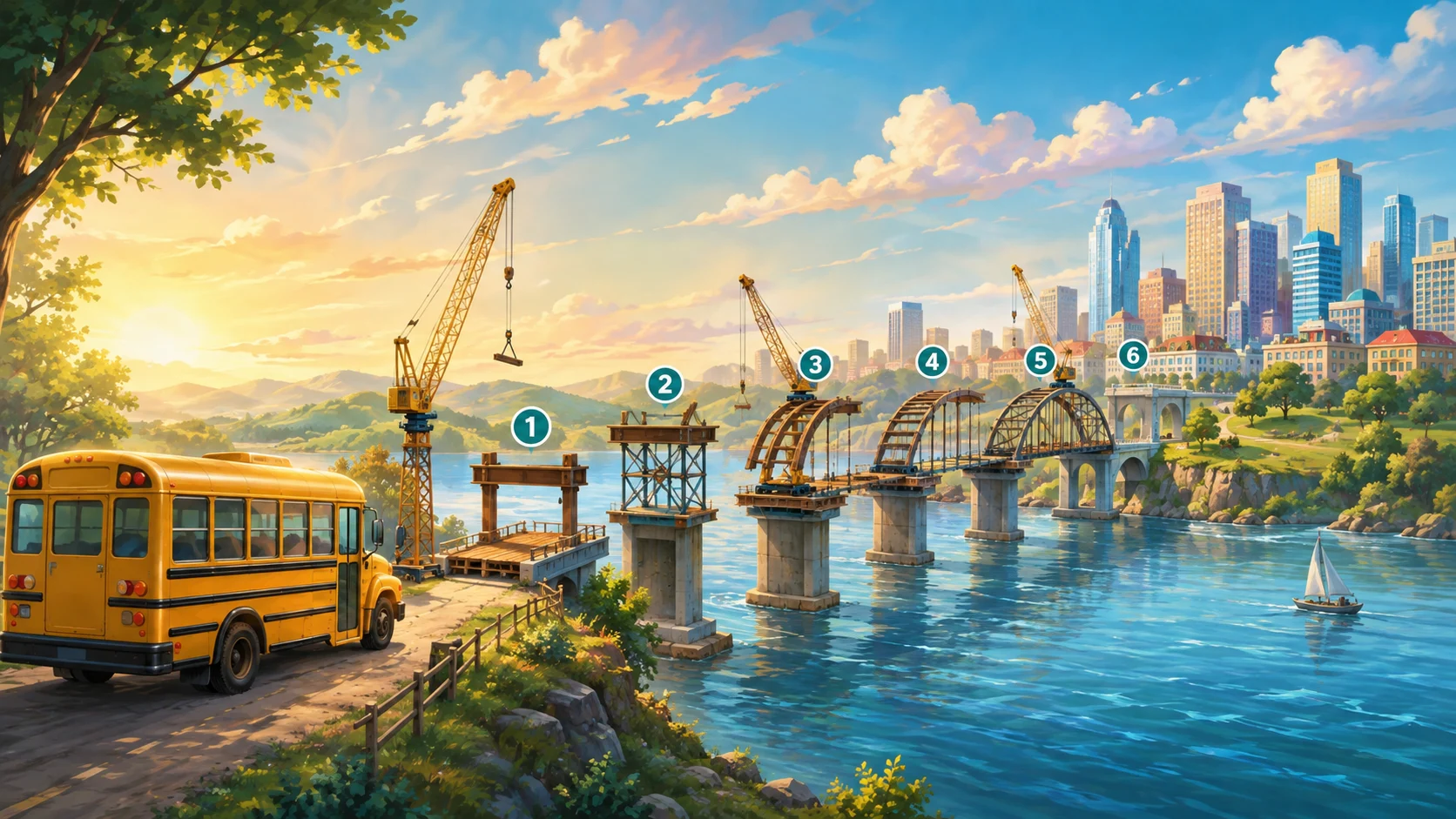 A yellow bus waits while six sections of a bridge are built across a river towards a bright city